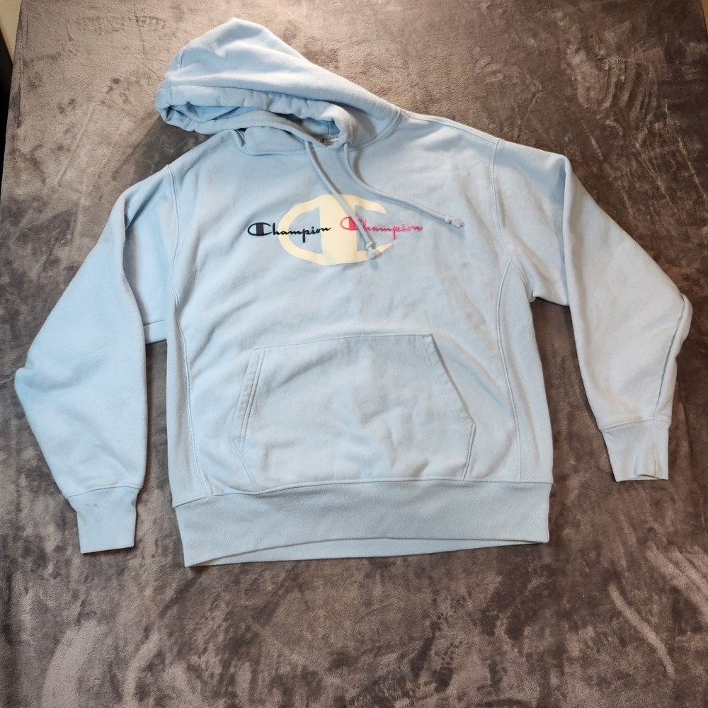 Champion Hoodie Mens XL Blue Reverse Weave Double Script Pullover Logo